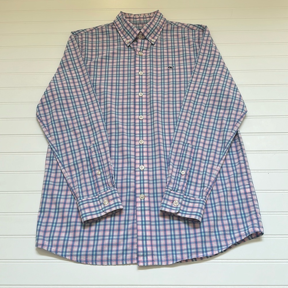 Vineyard Vines Blue & Pink Plaid Button Down Boys 16